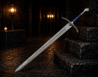 Blue Damascus Steel Longsword, Handmade Medieval Knight Sword, Viking Display Wall Decor Collector Gift for Husband Halloween Gift for Dad