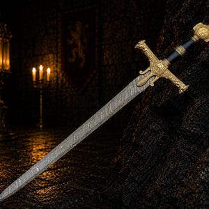 May include: A sword with a patterned Damascus steel blade, a gold-coloured metal crossguard featuring intricate relief carvings, and a black grip. The pommel is a gold-coloured metal disc with a central star emblem and decorative detailing.