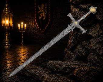 Damascus Steel Sword Medieval Knight Sword Viking Display Wall Decor Collector Anniversary Gift for Him Halloween Gift For Dad Longsword