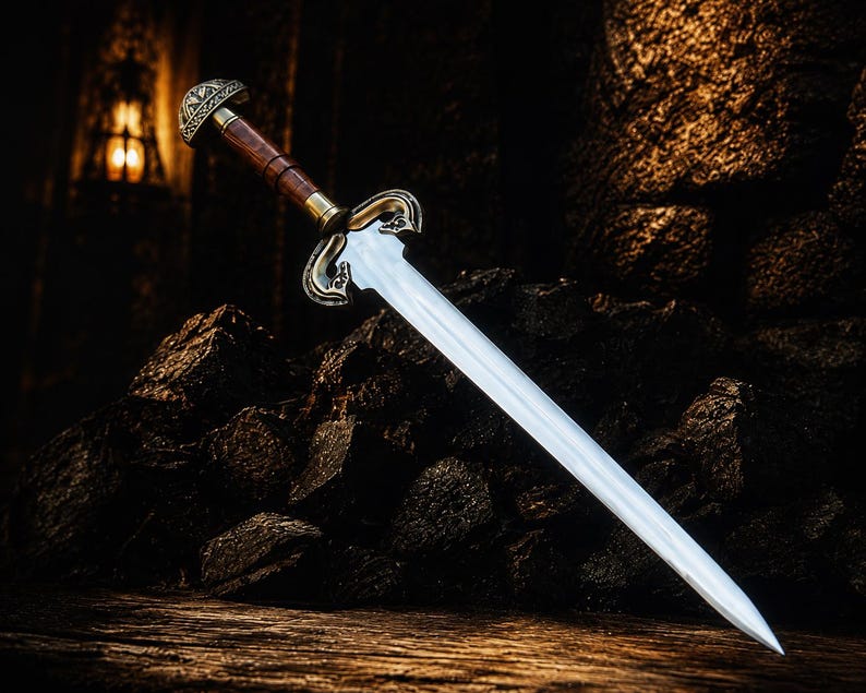 May include: A double-edged sword with a polished steel blade, a dark brown wooden grip, and an ornate brass crossguard featuring intricate scrollwork. The pommel is rounded with engraved metal detailing, completing the balanced design of this weapon.