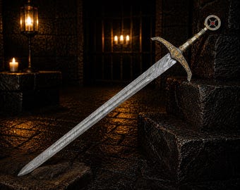 Blue Damascus Steel Longsword, Handmade Medieval Knight Sword, Viking Display Wall Decor Collector Gift for Husband Halloween Gift for Dad