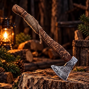 Op de afbeelding: Een handbijl met een metalen kop met ingewikkelde geëtste patronen en een houten handvat dat is uitgesneden met geometrische ontwerpen. Het handvat is bij de top gedeeltelijk omwikkeld met natuurlijk touw en er zit een klein gat in de knop.