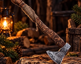 Handmade Viking Axe, Norse Engraved Axe with Carved Wooden Handle, Viking Decor, Medieval Collectible, Dad Gift for Husband Groomsman Gift