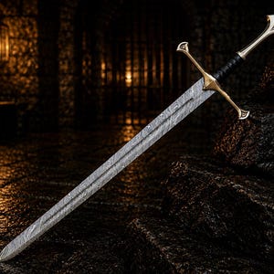 May include: A double-edged sword featuring a patterned Damascus steel blade with a visible wavy grain. The hilt includes a gold-toned crossguard, a black leather-wrapped grip, and a metallic pommel with a triangular cutout detail.