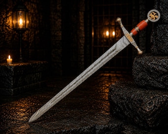 Handmade Damascus Steel Orange Wood Longsword Handmade Medieval Knight Sword Viking Display Wall Decor Collector Gift for Him Halloween Gift