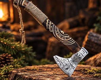 Handmade Viking Axe, Norse Engraved Axe with Carved Wooden Handle, Viking Decor, Medieval Collectible, Dad Gift for Husband Groomsman Gift