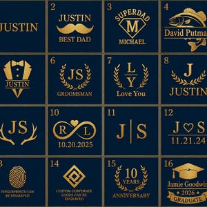 May include: A grid of sixteen square tiles featuring gold-coloured custom engraving designs on a dark blue background. The designs include names, initials, dates, a fish, a tuxedo, a fingerprint, a graduation cap, and various decorative motifs.