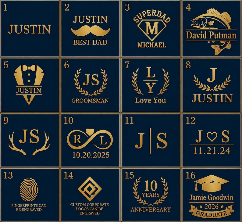 May include: A grid of sixteen square tiles featuring gold-coloured custom engraving designs on a dark blue background. The designs include names, initials, dates, a fish, a tuxedo, a fingerprint, a graduation cap, and various decorative motifs.