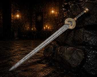 Golden Arc Damascus Steel Longsword, Handmade Medieval Knight Sword, Viking Display Wall Decor Collector Gift for Husband Halloween Gift
