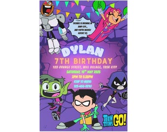 Teen Titans-verjaardagsuitnodiging, bewerkbare canvassjabloon (digitale download)