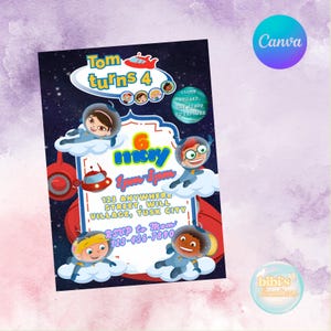May include: A colorful invitation with a space theme. The text "Tom turns 4" is at the top, with cartoon astronauts and a rocket ship. The invitation includes event details and the text "RSVP to Mom".