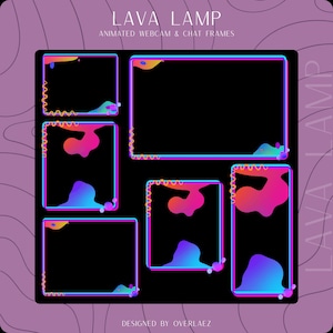 Könnte beinhalten: Ein Set aus digitalen Webcam- und Chat-Rahmen mit der Aufschrift LAVA LAMP ANIMATED WEBCAM & CHAT FRAMES. Die Rahmen haben ein schwarzes Inneres mit leuchtenden, mehrfarbigen Verlaufsrändern in Pink, Orange und Blau, die an Lavalampenformen erinnern.