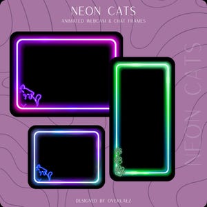 Könnte beinhalten: Digitales Grafikset mit dem Titel NEON CATS ANIMATED WEBCAM & CHAT FRAMES, bestehend aus drei rechteckigen Rahmen mit leuchtenden Neonrändern in Lila, Blau und Grün. Die Rahmen zeigen Katzen- und Pfotenabdrücke auf lila Grund.