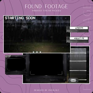 Può includere: Un pacchetto di streaming digitale con sfondo viola. Il pacchetto include una schermata "STARTING SOON", una chat box e pulsanti del sito Web e informazioni su di me. È visibile anche il testo "FOUND FOOTAGE" e "ANIMATED STREAM PACKAGE".