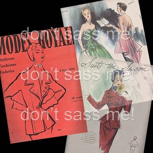 May include: A vintage magazine cover featuring a red jacket with a white collar and buttons. The magazine is titled "Mode Royale" and the text "Fall 1950" is visible. The magazine cover also features the text "50 cents".