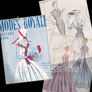 May include: A vintage sewing pattern book cover featuring a woman in a white dress with red accents, holding a bouquet of flowers. The cover text reads "Modes Royale Pattern Book" and "Spring and Summer 1955".