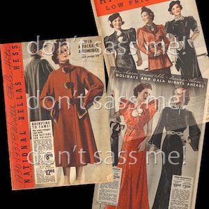 Puede incluir: Un anuncio vintage de revista que presenta ropa de mujer de la década de 1930. El anuncio presenta un abrigo rojo con ribete de piel, un vestido negro con cuello blanco y un vestido rojo con diseño floral. El texto del anuncio dice "1936-1937 Winter Style Hits National Bellas Hess Kansas City Mo" y "Para un encanto irresistible - durante esas fiestas y noches de gala que se avecinan!"