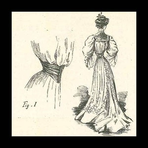 Könnte beinhalten: Eine Schwarzweiß-Zeichnung einer Frau in einem langen Kleid mit enger Taille und vollem Rock. Das Kleid hat einen Spitzenbesatz und einen Gürtel in der Taille. Die Frau steht mit dem Rücken zum Betrachter. Die Zeichnung ist mit "Fig. 1" beschriftet.