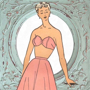 May include: A vintage illustration of a woman wearing a strapless pink top and a matching pink skirt. The woman is standing in a decorative frame with a light blue background.