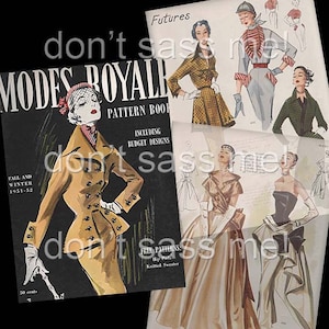 Könnte beinhalten: Ein Vintage-Modemagazin-Cover mit einer Frau in einem braunen und weißen Outfit. Das Magazin heißt "Modes Royale" und der Titeltext lautet "Herbst und Winter 1951-52" und "Schnittmusterbuch inklusive Budget-Designs".