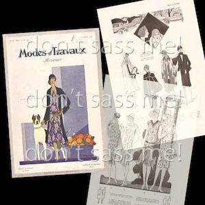 May include: A black and white illustration of a woman walking a dog. The woman is wearing a long dress with a floral pattern and a black coat. She is holding a leash in her right hand. The dog is a white and black Great Dane. The illustration is from a vintage magazine called "Modes et Travaux Feminins".