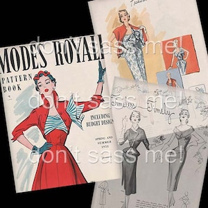 May include: A vintage book cover for Modes Royal pattern book, featuring a woman in a red dress with a blue and white striped jacket and a large bow. The cover text reads "Modes Royal Pattern Book" and "Including Budget Designs, Spring and Summer 1952".
