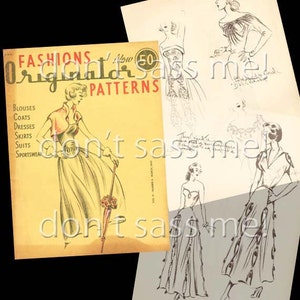 May include: A vintage magazine cover featuring a woman in a dress holding an umbrella. The magazine is titled "Fashions Originals" and has the number 50 on the cover. The magazine cover is yellow with black text.