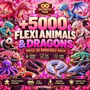 Könnte beinhalten: Eine digitale Grafik mit dem Text +5000 FLEXI ANIMALS & DRAGONS MEGA 3D PRINTABLE PACK. Das Bild zeigt verschiedene bewegliche 3D-Modelle, darunter Drachen, einen Panda, einen Oktopus, einen Fuchs und einen Hai, umgeben von rosa Blumen und Kristallen.