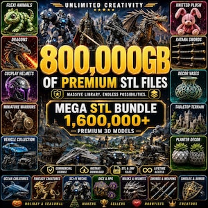 Pacchetto Mega STL da oltre 800 TB / Oltre 2 milioni di file / Accessori per cosplay, miniature, supereroi, animali flessibili, draghi, veicoli, personaggi anime, file per stampa 3D
