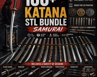 May include: A digital bundle of 100+ katana STL files for 3D printing, featuring various samurai sword designs, including classic katana, wakizashi, tanto, odachi, nagamaki, and fantasy styles with intricate hilt and scabbard details.