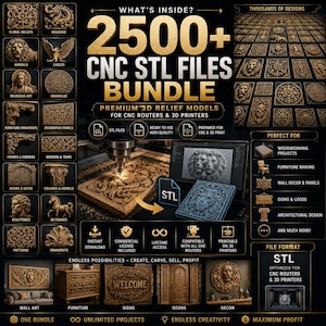 May include: A digital bundle of 2500+ CNC STL files featuring premium 3D relief models for routers and printers. The image displays various carved designs including animals, mandalas, and furniture ornaments, alongside a CNC machine in operation.