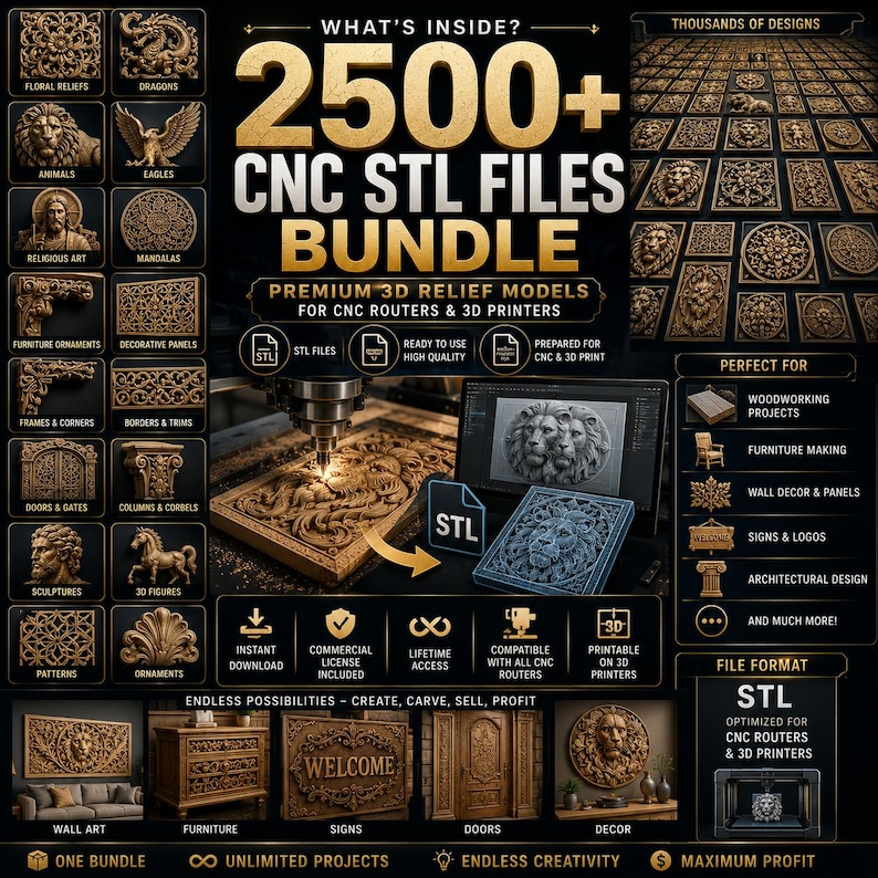 May include: A digital bundle of 2500+ CNC STL files featuring premium 3D relief models for routers and printers. The image displays various carved designs including animals, mandalas, and furniture ornaments, alongside a CNC machine in operation.