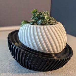 May include: A white, spherical planter with a diagonal ribbed texture sits inside a black, bowl-shaped base with vertical ridges. A small green plant with variegated leaves is planted inside the white container, which rests at an angle.