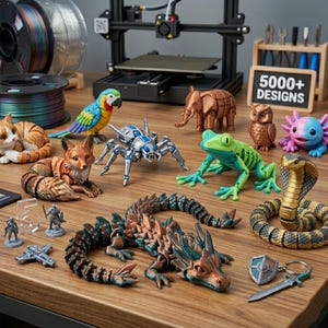 May include: A collection of 3D printed articulated animal figures including a cat, parrot, fox, spider, elephant, owl, axolotl, frog, dragon, and cobra, alongside small game miniatures, a sword keychain, and a sign reading 5000+ DESIGNS.