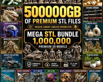 Puede incluir: Un anuncio digital para un paquete de 500000GB de archivos STL premium con 1.000.000 de modelos 3D. La imagen muestra varias categorías como animales articulados, dragones, cascos, guerreros, vehículos, peluches, espadas, jarrones, terrenos y macetas con iconos de licencia comercial y descarga instantánea.
