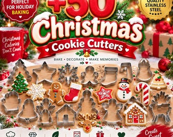 May include: A collection of stainless steel Christmas cookie cutters in various shapes including trees, stars, snowflakes, gingerbread people, stockings, candy canes, snowmen, bells, and houses, displayed alongside decorated cookie examples.