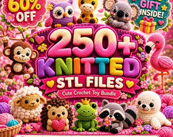 May include: A digital graphic featuring 250+ KNITTED STL FILES Cute Crochet Toy Bundle text surrounded by various crocheted animal figures including a monkey, owl, giraffe, koala, flamingo, sheep, hedgehog, frog, raccoon, and seal.
