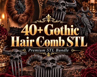 May include: A digital collection of 40+ Gothic hair comb STL files featuring intricate designs such as black raven motifs, horned skull carvings, and crescent moon accents, presented as a premium bundle for 3D printing projects.