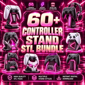 Può includere: Un pacchetto digitale di oltre 60 file STL di supporti per controller per stampa 3D. L'immagine mostra vari supporti per controller di gioco neri e bianchi con accenti luminosi rosa neon, caratterizzati da design geometrici e robotici.