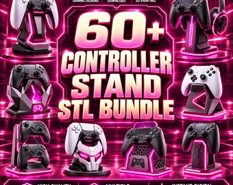 May include: A digital bundle of 60+ controller stand STL files for 3D printing. The image displays various black and white gaming controller stands with neon pink lighting accents, featuring diverse geometric and robotic designs for consoles.