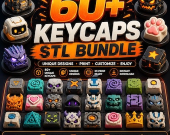 May include: A digital collection of 60+ keycaps STL bundle featuring various designs including skulls, robots, monsters, and geometric shapes. The image displays text reading 60+ KEYCAPS STL BUNDLE, UNIQUE DESIGNS, PRINT, CUSTOMIZE, ENJOY, and 3D PRINT READY.