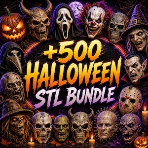 May include: A digital collection of 500 Halloween-themed 3D printable STL files featuring various horror characters, including skulls, a ghost mask, a vampire, a clown, a plague doctor, and pumpkins, with the text +500 HALLOWEEN STL BUNDLE.