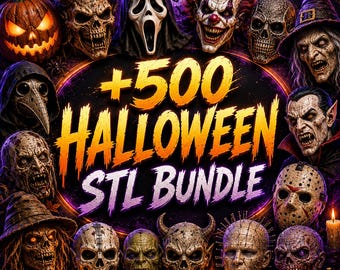 May include: A digital collection of 500 Halloween-themed 3D printable STL files featuring various horror characters, including skulls, a ghost mask, a vampire, a clown, a plague doctor, and pumpkins, with the text +500 HALLOWEEN STL BUNDLE.