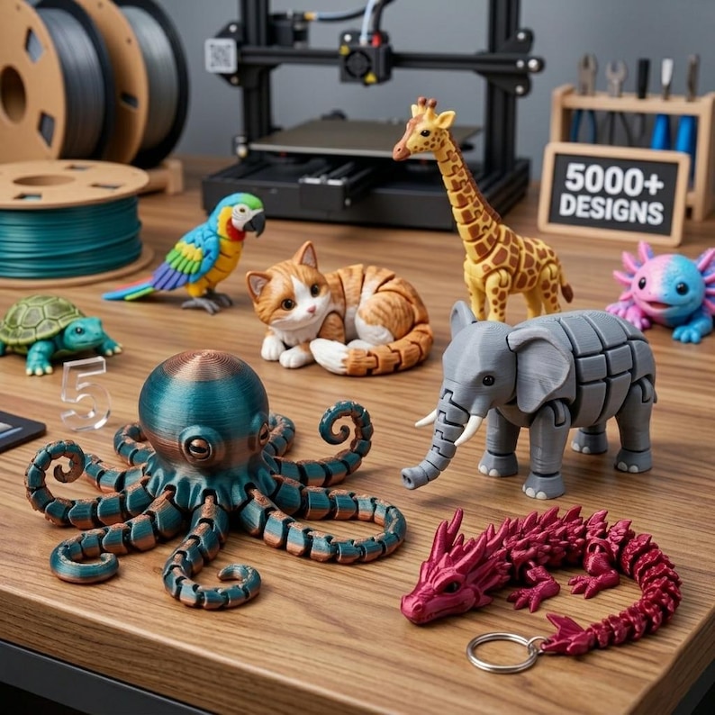 May include: A collection of articulated 3D printed animal figures including a teal octopus, a grey elephant, a ginger cat, a giraffe, a parrot, a green turtle, a pink and blue axolotl, and a red dragon keychain on a wooden surface.