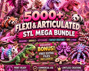 May include: A digital graphic featuring 5000+ Flexi & Articulated STL Mega Bundle text, showcasing various 3D-printed style creatures including dragons, a panda, a red panda, a shark, a unicorn, a dinosaur, an octopus, and a turtle.