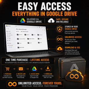 May include: A digital product listing for a 500+ vehicle STL bundle stored in Google Drive. The image features a laptop displaying file folders, a stack of digital folders, and text detailing lifetime access, unlimited downloads, and secure storage.