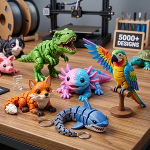 May include: A collection of articulated 3D printed animal figures including a green T-Rex, a pink and blue axolotl, a multi-colored parrot on a perch, an orange fox, a grey shark keychain, a black and white cat, a pink pig, and a green turtle.
