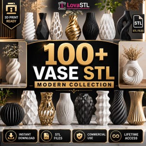 Può includere: Una collezione di oltre 100 file STL di vasi stampabili in 3D con vari design geometrici, a spirale e testurizzati in bianco, nero e oro. L'immagine mostra diverse forme di vasi con il testo 100+ VASE STL.