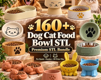 May include: A collection of various pet food bowls in different shapes, colors, and designs, including cat-shaped, rabbit-shaped, and paw-print patterns, displayed with a central sign reading 160+ Dog Cat Food Bowl STL Premium STL Bundle.