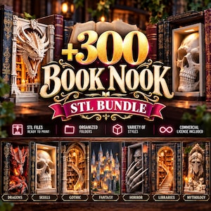 300+ Book Nook STL-filer, 3D-utskriftsmodeller, fantasybiblioteksdiorama, gotiska miniatyrer med drakeskalle, digital nedladdning
